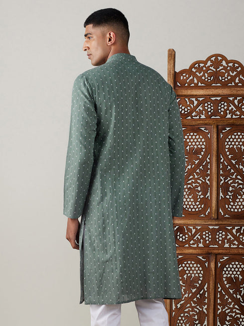Men's Green Cotton Jacquard Kurta