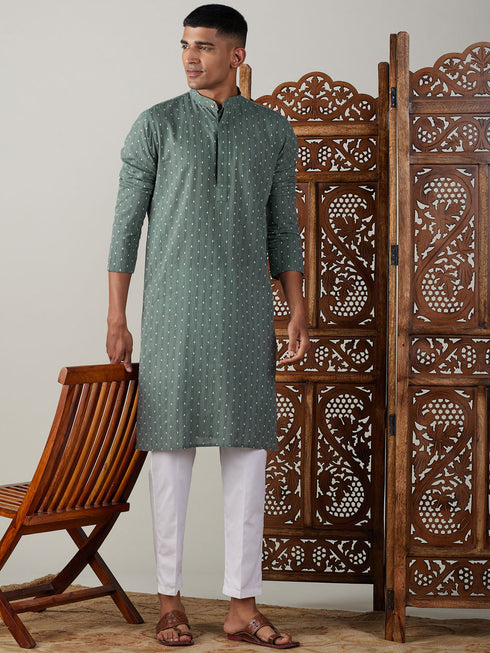 Men's Green Cotton Jacquard Kurta