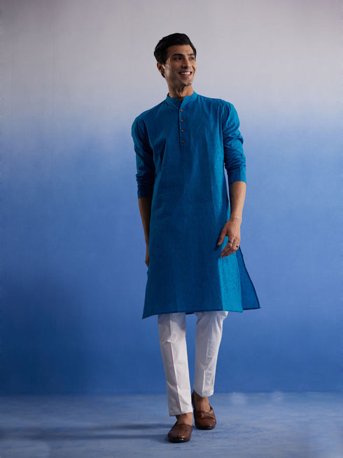 Men's Aqua Blue Pure Cotton Handloom Kurta