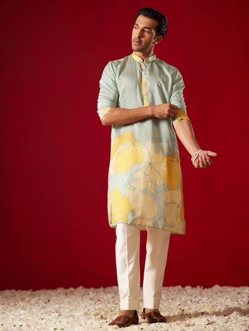 Men's Multicolor Base Yellow Cotton Printed Kurta Pant Set