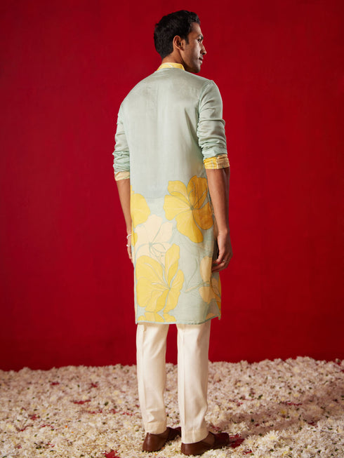 Men's Multicolor Base Yellow Cotton Printed Kurta Pant Set
