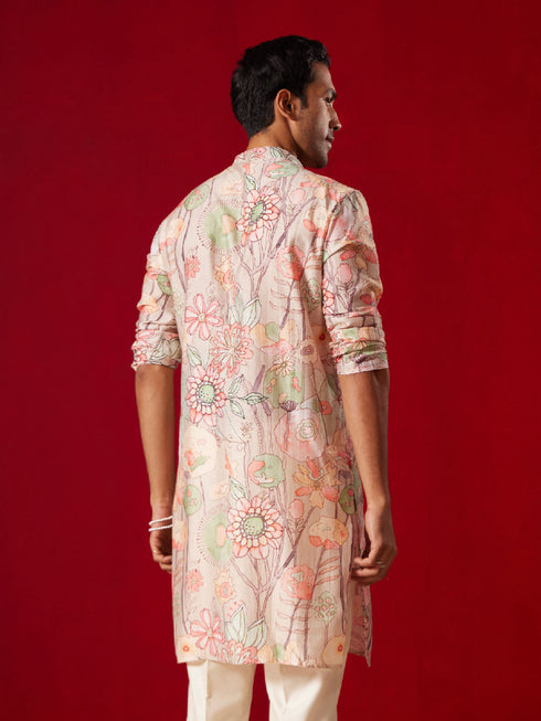 Men's Multicolor Base Peach Cotton Printed Kurta