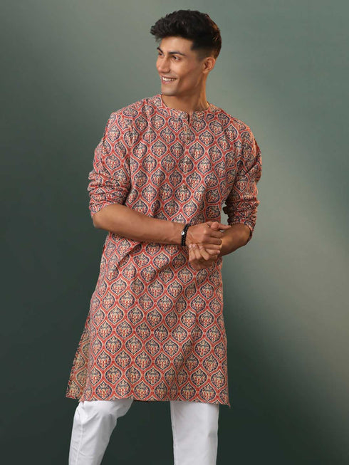 Men's Multi Color Base Red Ajrakh Printed Kurta