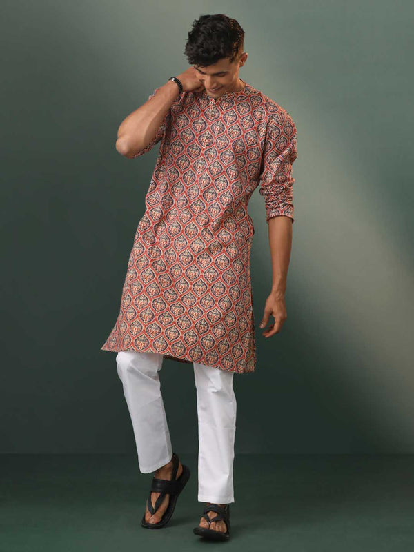 Men's Multi Color Base Red Ajrakh Printed Kurta
