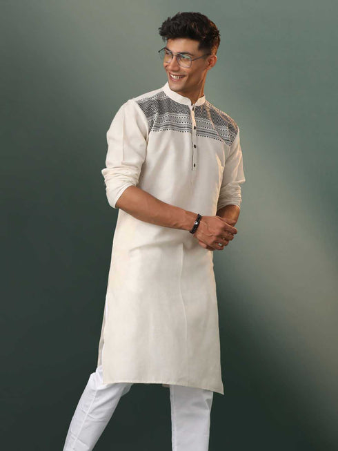 Men's Cream Jacquard Cotton Kurta