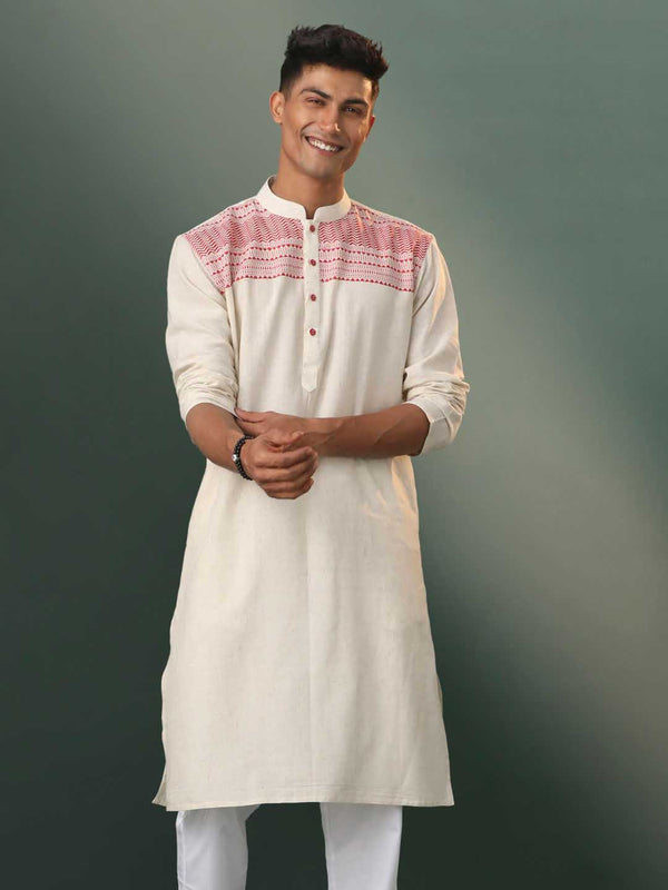 Men's Cream Jacquard Cotton Kurta