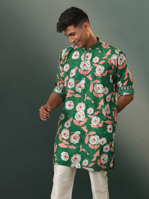 Men's Green Floral Print Cotton Blend Kurta