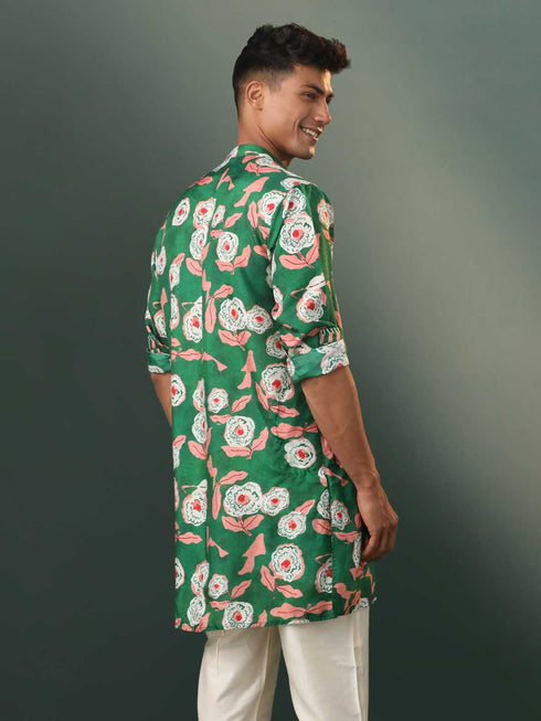 Men's Green Floral Print Cotton Blend Kurta