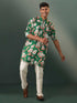 Men's Green Floral Print Cotton Blend Kurta