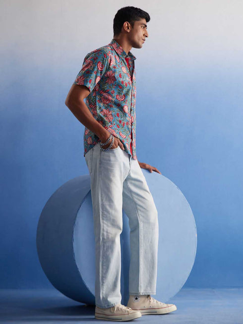 Men's Aqua Kalamkari Cotton Shirt