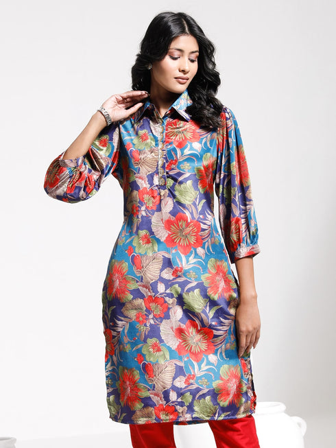 Women's Shirt Style Satin Embellished Blue Kurta