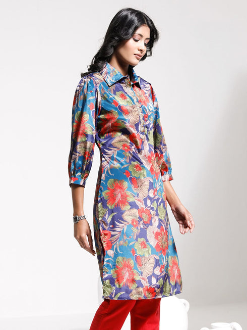 Women's Shirt Style Satin Embellished Blue Kurta