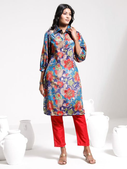 Women's Shirt Style Satin Embellished Blue Kurta