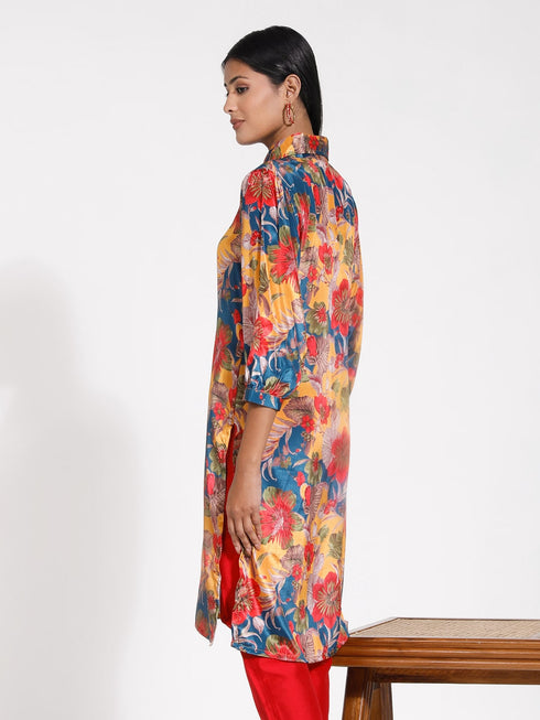 Women's Shirt Style Satin Embellished Mustard Kurta