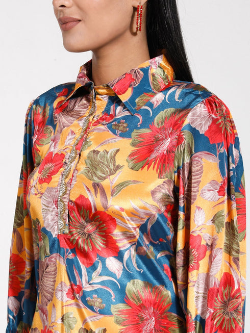 Women's Shirt Style Satin Embellished Mustard Kurta