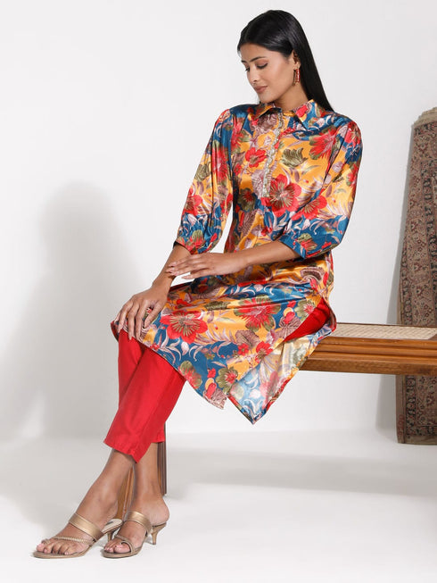 Women's Shirt Style Satin Embellished Mustard Kurta