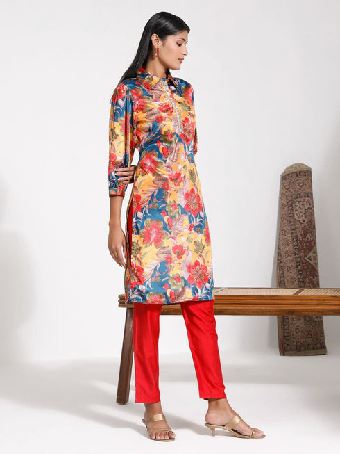 Women's Shirt Style Satin Embellished Mustard Kurta Set