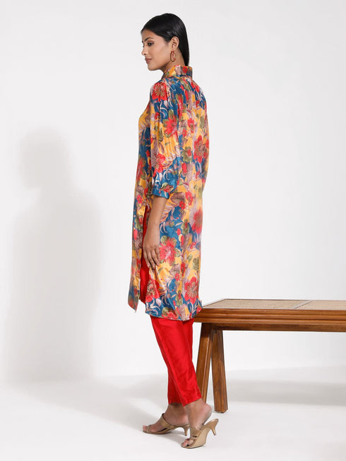 Women's Shirt Style Satin Embellished Mustard Kurta Set