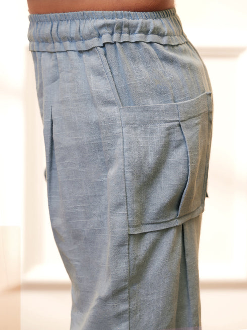 Boy's Aqua Solid Cotton Yoga Kurta Set With Trouser