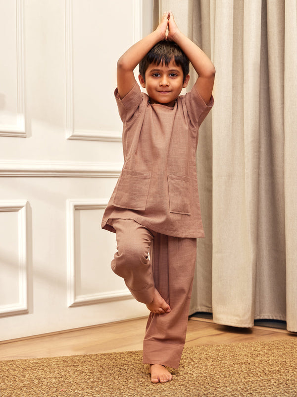 Boy's Rose Pink Solid Cotton Yoga Kurta Set With Trouser