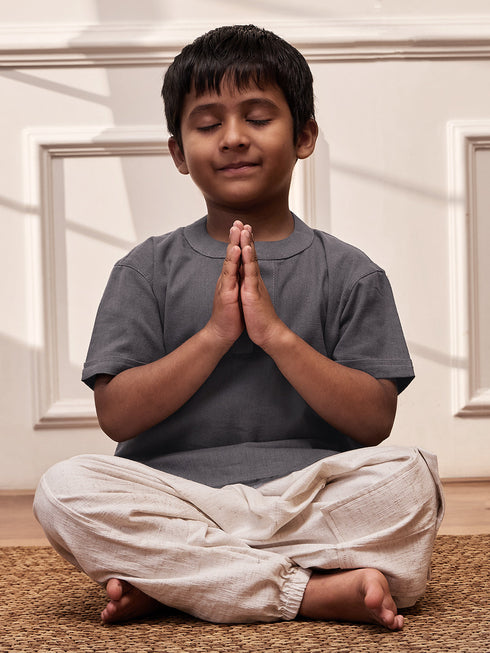 Boy's Grey Cotton Yoga Kurta Set With Harem Pants - Kids Sizes