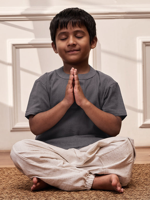 Boy's Grey Cotton Yoga Kurta Set With Harem Pants - Kids Sizes