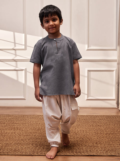 Boy's Grey Cotton Yoga Kurta Set With Harem Pants - Kids Sizes