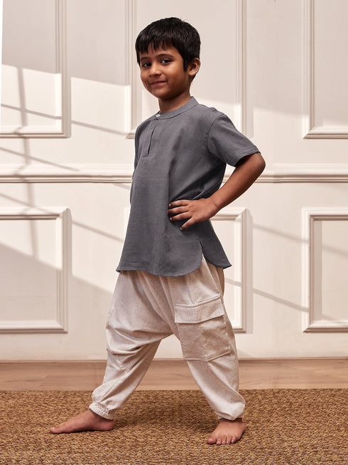 Boy's Grey Cotton Yoga Kurta Set With Harem Pants - Kids Sizes