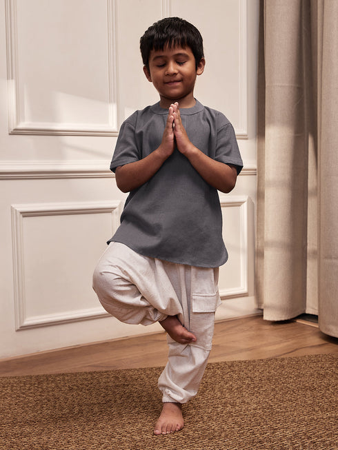 Boy's Grey Cotton Yoga Kurta Set With Harem Pants - Kids Sizes