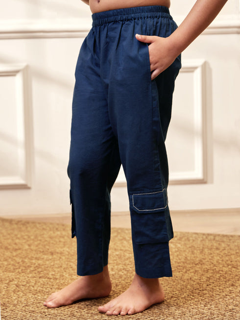Girl's Navy Blue Cotton Kurta Pyjama Set