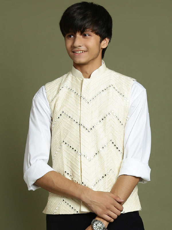 Boy's' Cream Mirror Work Ethnic Jacket