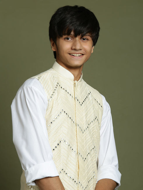 Boy's' Cream Mirror Work Ethnic Jacket