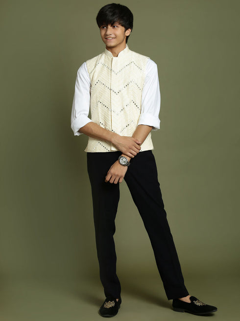 Boy's' Cream Mirror Work Ethnic Jacket