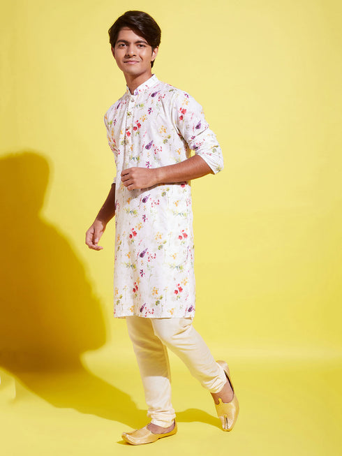 Boy's Printed Cream Cotton Blend Kurta And Pyjama Set