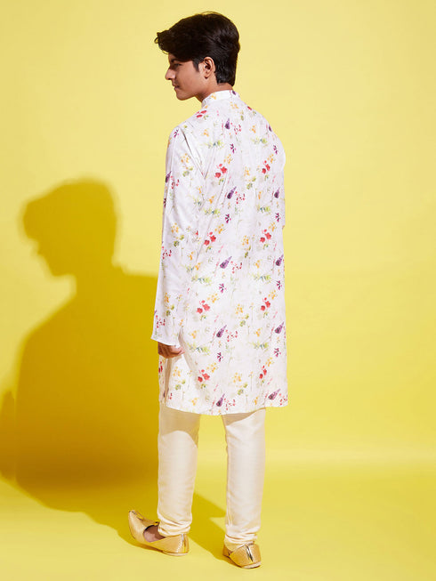 Boy's Printed Cream Cotton Blend Kurta And Pyjama Set