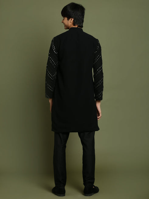 Boy's Black Mirror Work Georgette Kurta And Pyjama Set