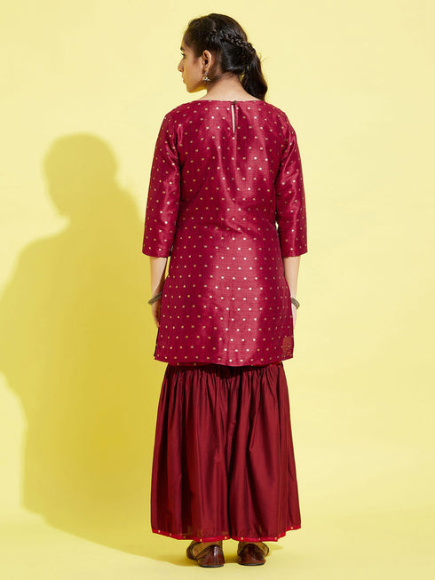 Girl's' Maroon Zari Kurta And Sharara Set