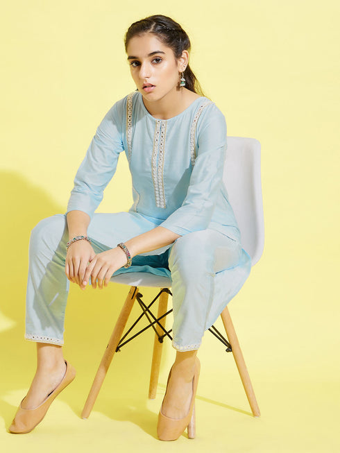 Girl's' Aqua Viscose Kurta And Straight Pant Set