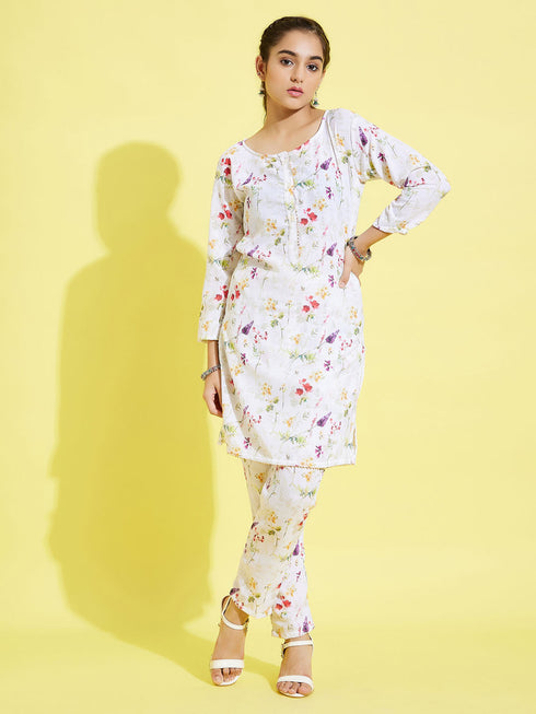 Girl's' Multicolor-Base Kurta Pant Set
