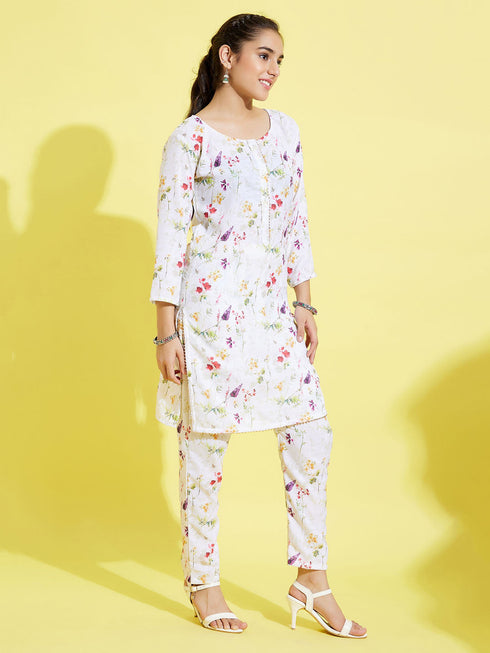 Girl's' Multicolor-Base Kurta Pant Set