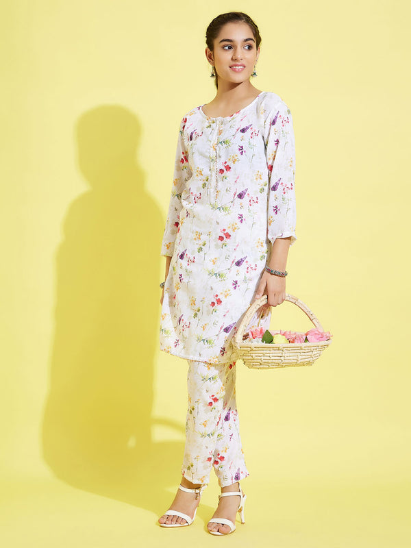Girl's' Multicolor-Base Kurta Pant Set