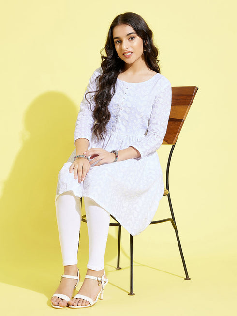 Girl's White Pure Cotton Chikankari Kurta With Leggings Set
