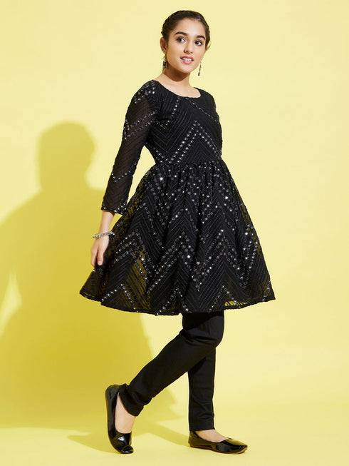 Girl's Black Mirror Kurta Pyjama Set