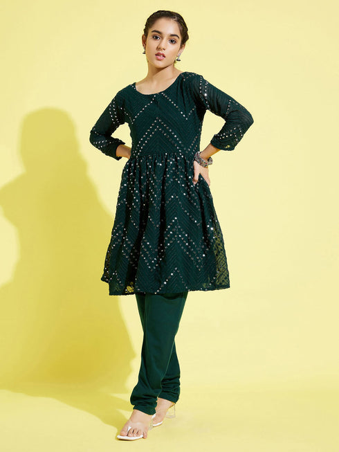 Girl's Green Mirror Kurta Pyjama Set