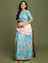 Girl's Aqua Blue Floral Print Crop Top & Lehenga Set With Dupatta