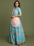 Girl's Aqua Blue Floral Print Crop Top & Lehenga Set With Dupatta