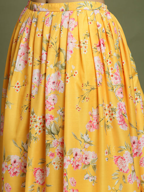 Girl's Yellow Floral Print Crop Top & Lehenga Set With Dupatta