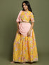 Girl's Yellow Floral Print Crop Top & Lehenga Set With Dupatta