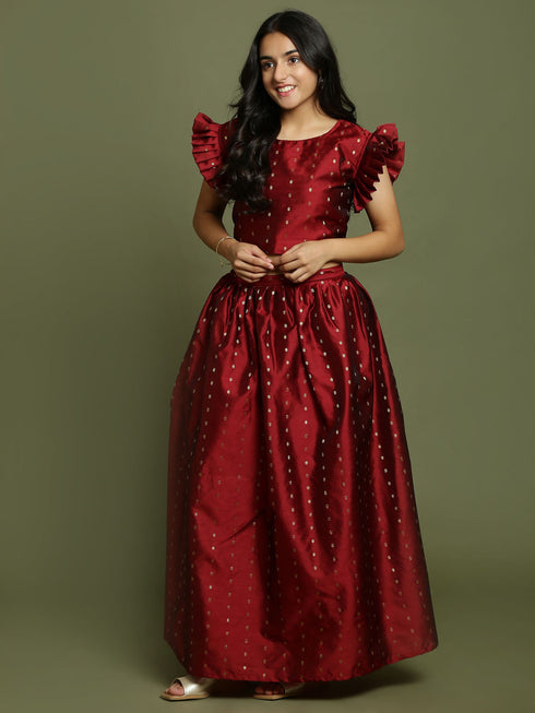 Girl's Maroon Woven Design Booti Crop Top And Long Skirt Set
