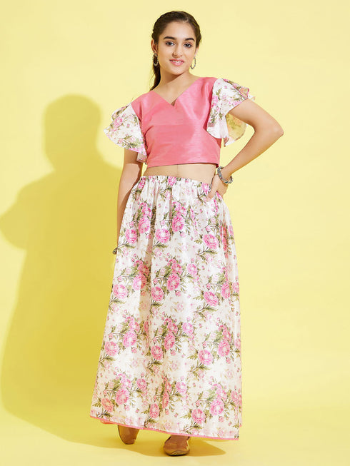 Girl's Printed Skirt And Ruffle Crop Top Set